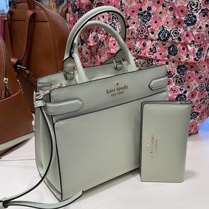 Kate Spade Staci Medium Satchel & Staci Large Slim Bifold Wallet Sage Bundle